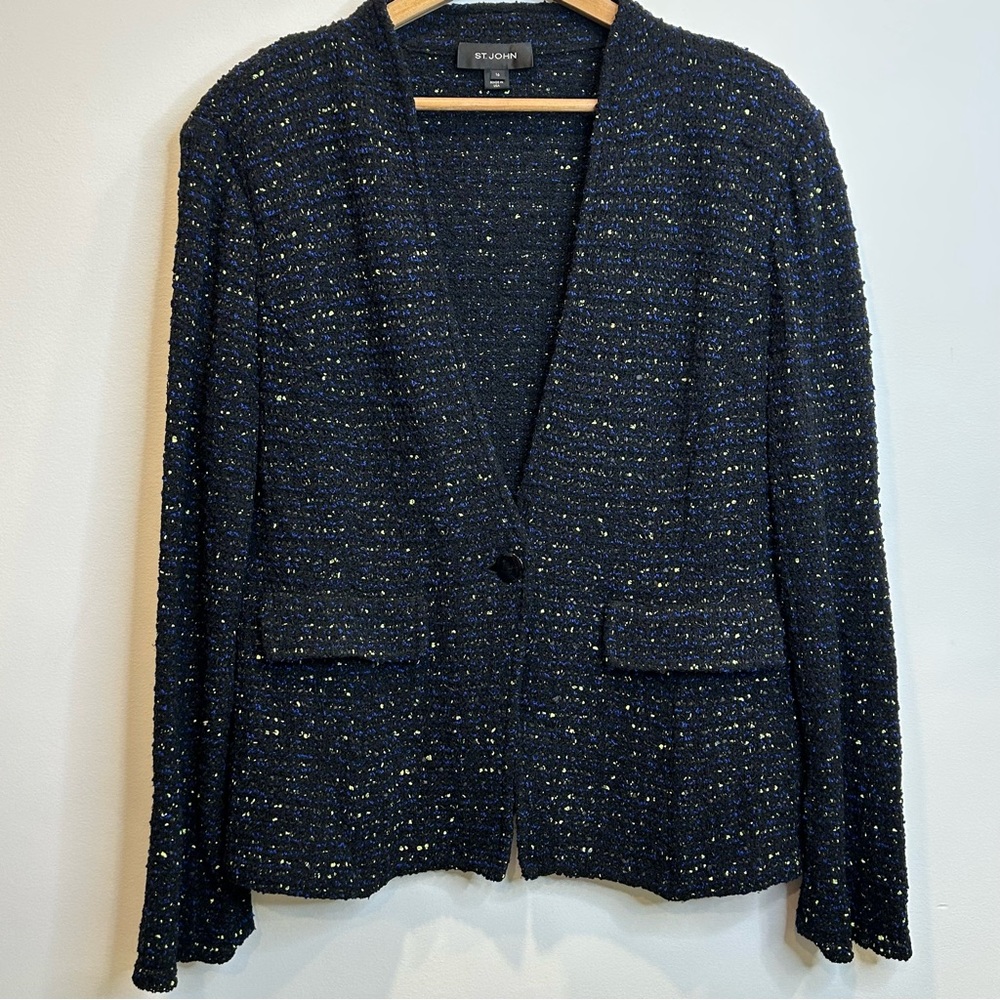ST. JOHN Single Button Blazer Jacket Santana Knit Boucle Black Blue Wool